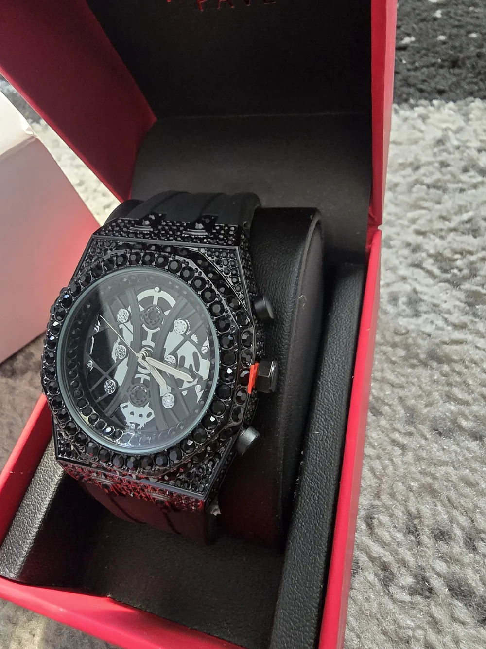 Black Men's Crystal Accent Skeleton Dial Sport Watch